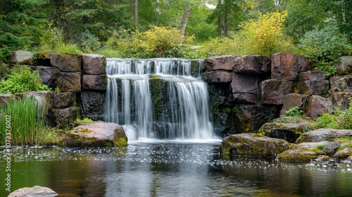 A serene waterfall cascading over rocks into a tranquil pool surrounded by lush greenery.