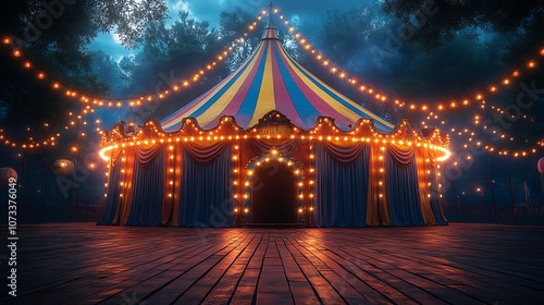 Colorful circus tent illuminated by string lights under dramatic evening sky atmosphere image