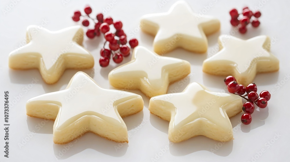 Glazed sugar cookies in holiday shapes, arranged on a simple white background with a hint of red berries Glazed sugar cookies in holiday shapes, arranged on a simple white background with a hint of red berries