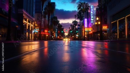 A vibrant city street at night illuminated by neon lights and palm trees under twilight.