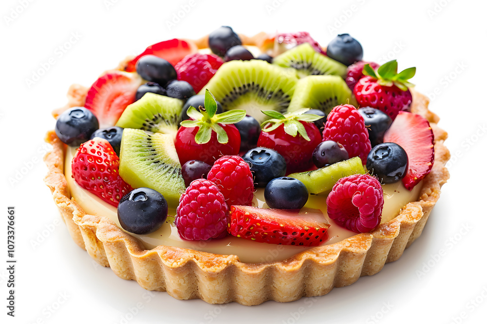 Beautiful fruit tart with golden brown shell and creamy custard isolated on white background Beautiful fruit tart with golden brown shell and creamy custard isolated on white background