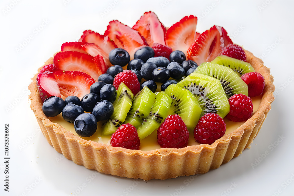 High quality fruit tart with golden brown crust and creamy custard on white background High quality fruit tart with golden brown crust and creamy custard on white background