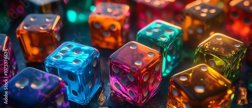 Craft an eye-level angle image of vivid, glossy dice