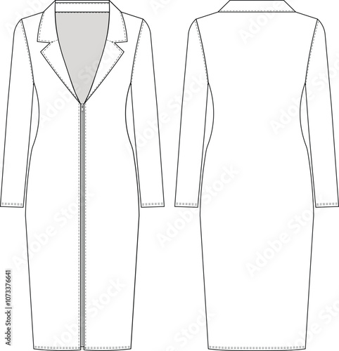 collared long sleeve zippered midi v neck body con dress template technical drawing flat sketch cad mockup fashion woman design style model 
