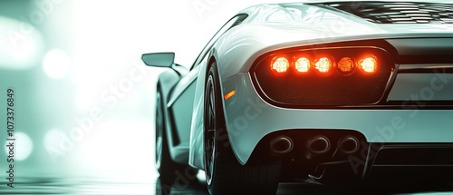 Create an elegant, photorealistic rear view of a sleek sports car, showcasing the attention to detail in the cars design and tail lights