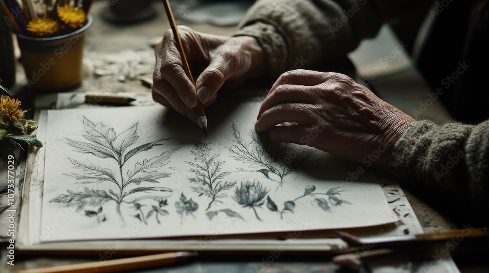 An artist sketches detailed plant illustrations with a pencil in a cozy environment. An artist sketches detailed plant illustrations with a pencil in a cozy environment.