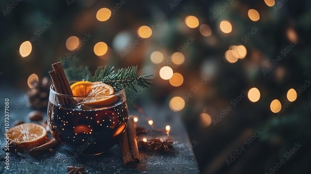Hot mulled wine with cinnamon sticks and orange slices on a cozy dark background, with bokeh lights Hot mulled wine with cinnamon sticks and orange slices on a cozy dark background, with bokeh lights