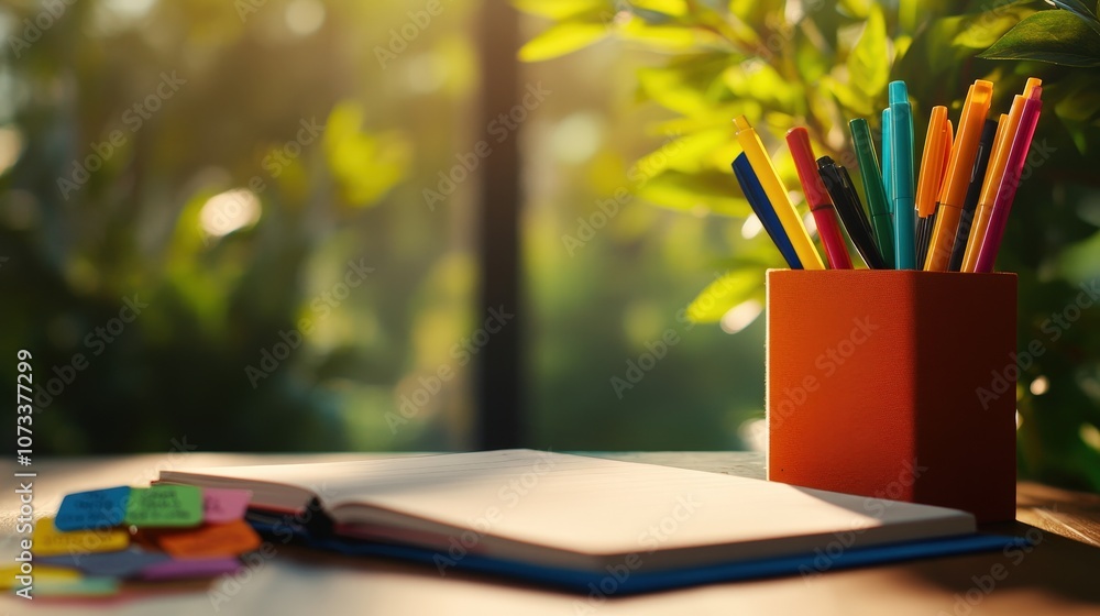Fototapeta premium Bright workspace with colorful pens and an open notebook beside vibrant greenery.
