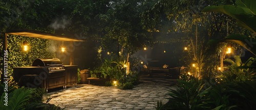 Design a panoramic view of a rustic, countryside grill surrounded by lush greenery, with a warm, inviting glow emanating from the grill