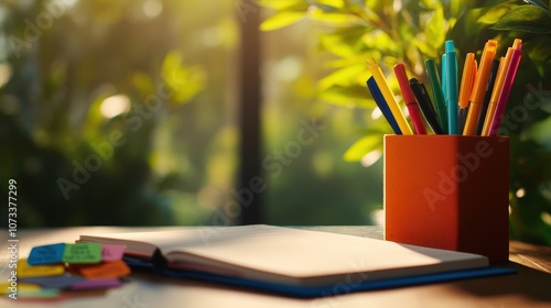 Bright workspace with colorful pens and an open notebook beside vibrant greenery. photo