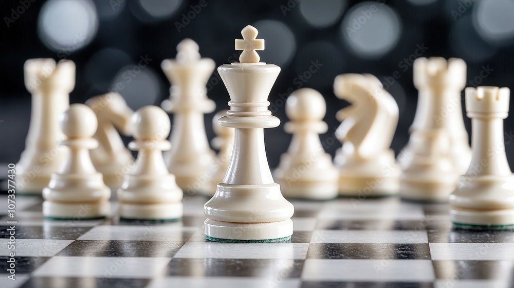 Close-up of a chessboard with elegant white pieces in focus on a blurred background. Close-up of a chessboard with elegant white pieces in focus on a blurred background.