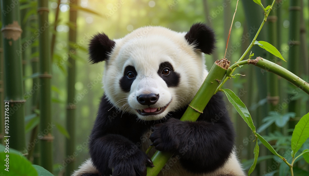Adorable giant panda sitting among bamboo stalks, playfully holding bamboo Adorable giant panda sitting among bamboo stalks, playfully holding bamboo