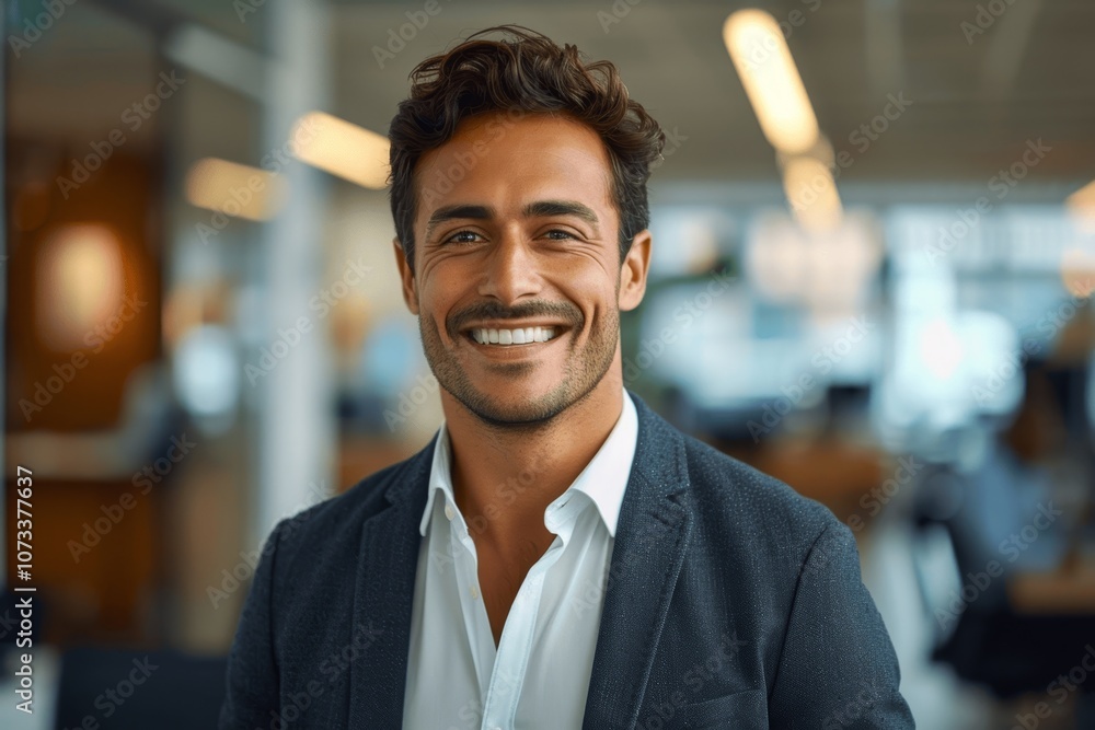 Fototapeta premium portrait of a confident smiling Asian Indian businessman in a suit standing in modern corporate office with his employees in the background