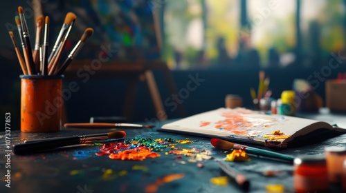 Creative workspace with paints, brushes, and colorful art supplies scattered on table. photo