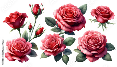 Collection of Red Roses in Various Stages of Bloom on Transparent background