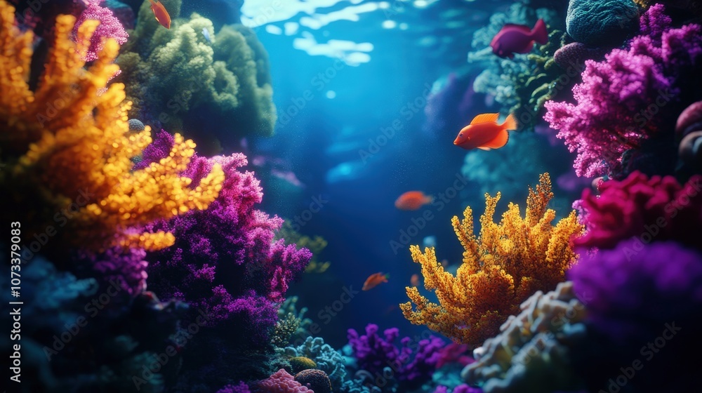Fototapeta premium Vibrant underwater coral reef teeming with colorful marine life and stunning biodiversity.
