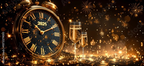 New Year 2024 Celebration with Vintage Clock, Champagne, Fireworks, and Confetti