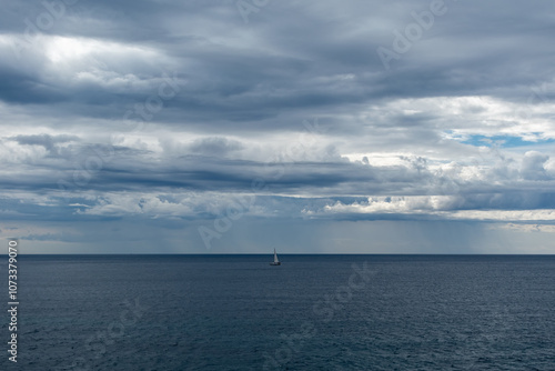 Sea horizon under a gloomy stormy sky