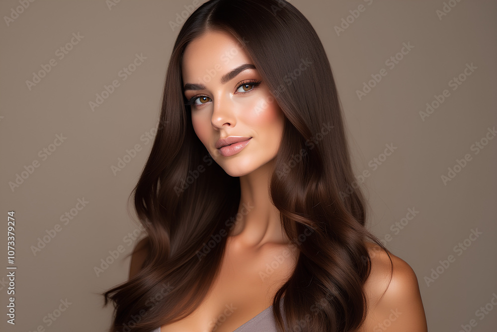 Gorgeous model with sleek long shiny brown hair Keratin treatment care and spa for a sleek style Gorgeous model with sleek long shiny brown hair Keratin treatment care and spa for a sleek style