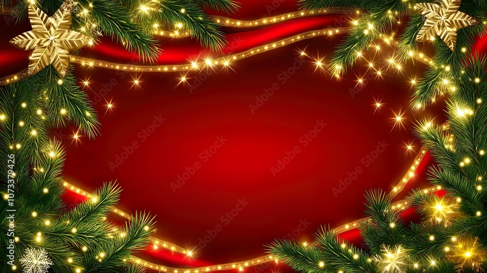 Elegant Christmas Background with Golden Baubles and Pine Greenery Elegant Christmas Background with Golden Baubles and Pine Greenery