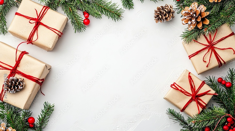 Rustic Christmas Gifts with Pine Branches and Twine on White Background Rustic Christmas Gifts with Pine Branches and Twine on White Background