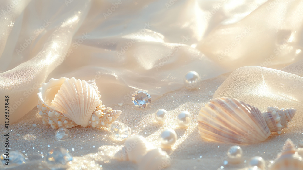 3D pearls seashells conches and diamonds scatter on beach beige white silk fabric glossy shiny background with copy space. fashion romantic jewellery holographic elegant luxury wallpaper 3D pearls seashells conches and diamonds scatter on beach beige white silk fabric glossy shiny background with copy space. fashion romantic jewellery holographic elegant luxury wallpaper