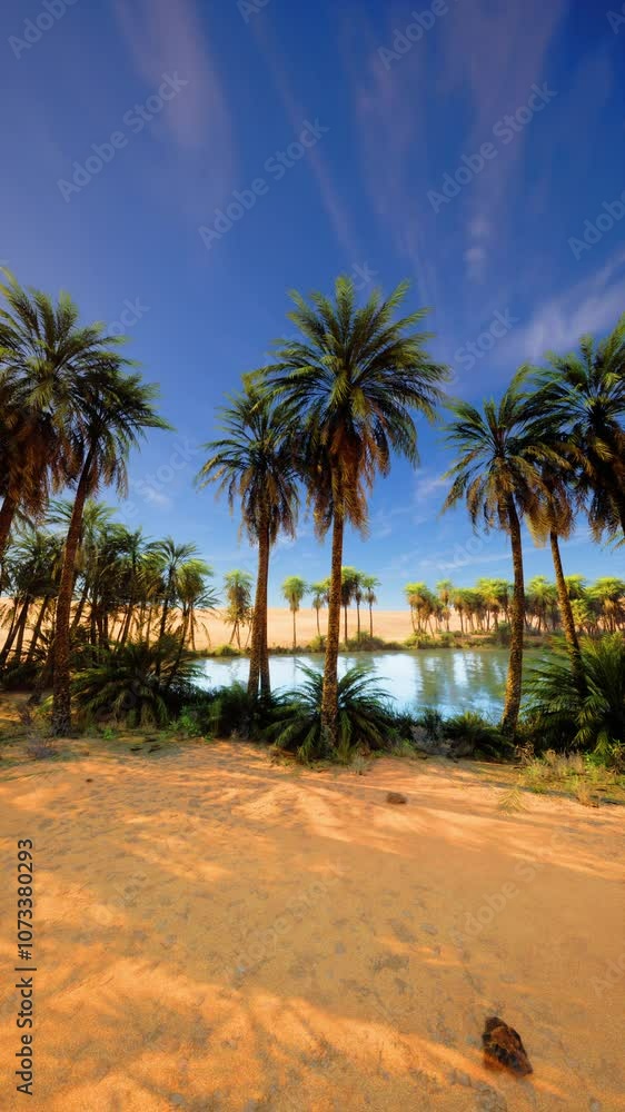 A sandy beach lined with palm trees overlooking a clear body of water under a blue sky. A sandy beach lined with palm trees overlooking a clear body of water under a blue sky.