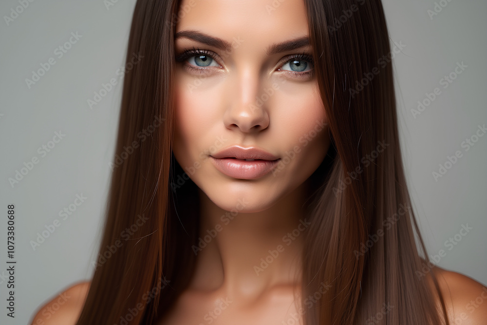 Gorgeous model with sleek long shiny brown hair Keratin treatment care and spa for a sleek style Gorgeous model with sleek long shiny brown hair Keratin treatment care and spa for a sleek style