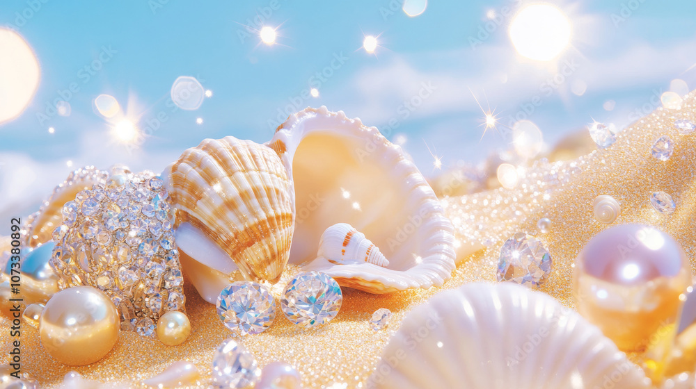 3D pearls seashells conches and diamonds scatter on beach babyblue silk fabric glossy shiny background with copy space. fashion romantic jewellery holographic elegant luxury wallpaper 3D pearls seashells conches and diamonds scatter on beach babyblue silk fabric glossy shiny background with copy space. fashion romantic jewellery holographic elegant luxury wallpaper