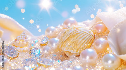 3D pearls seashells conches and diamonds scatter on beach babyblue silk fabric glossy shiny background with copy space. fashion romantic jewellery holographic elegant luxury wallpaper