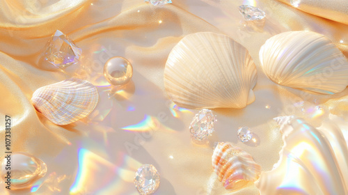 3D pearls seashells conches and diamonds scatter on beach golden silver silk fabric glossy shiny background with copy space. fashion romantic jewellery holographic elegant luxury wallpaper