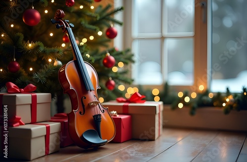 gift violin under the Christmas tree, violin among gifts 