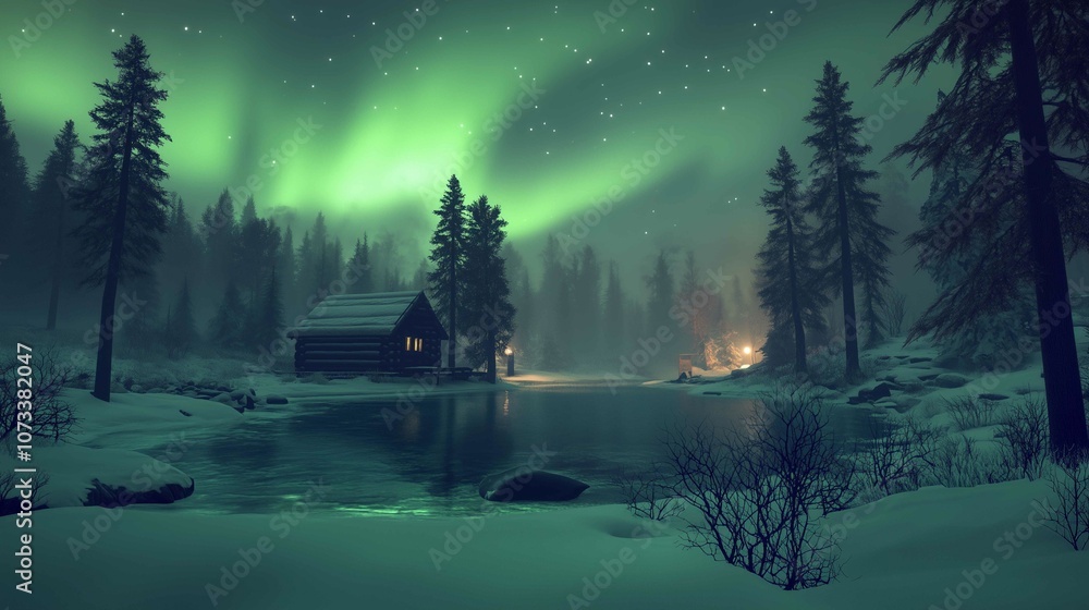 Fototapeta premium Northern Lights Over a Tranquil Forest Lake 