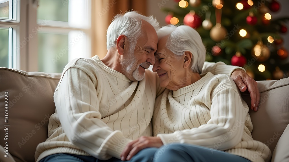 elderly loving couple cuddling on the sofa in a festive Christmas atmosphere elderly loving couple cuddling on the sofa in a festive Christmas atmosphere