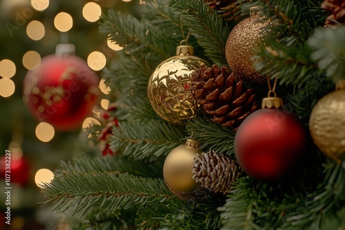 Minimalist Christmas ornaments of frosted pinecones golden baubles and red berries on a soft blurred background capturing seasonal elegance and festive calm