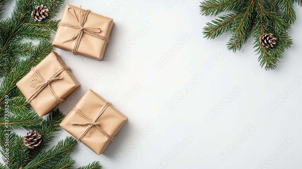 Christmas Gift Boxes with Brown Paper and Rustic Twine on White Surface Christmas Gift Boxes with Brown Paper and Rustic Twine on White Surface
