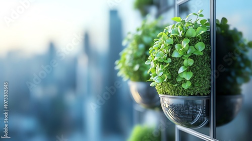 Urban rooftop garden with green plants in pots against a blurred city skyline. Fresh greenery and urban living concept. photo