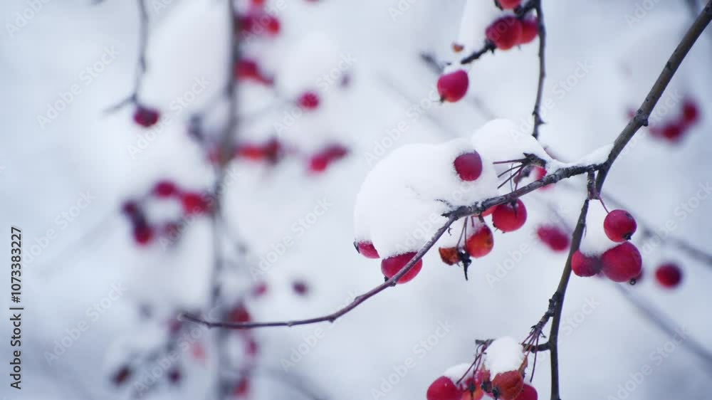 Snow-covered wild red apples during snowfall. Branches with snow swaying in the light wind. First snow in the forest. Selective focus. Beautiful winter nature background
Snow-covered wild red apples during snowfall. Branches with snow swaying in the light wind. First snow in the forest. Selective focus. Beautiful winter nature background