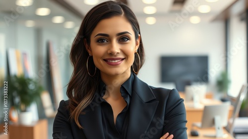 A woman in a black blazer stands in an office with her arms crossed, smiling at the camera