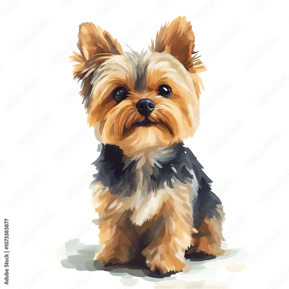 Portrait of cute Yorkshire Terrier sitting on light background showing his playful nature and fluffy fur, watercolor illustration Portrait of cute Yorkshire Terrier sitting on light background showing his playful nature and fluffy fur, watercolor illustration