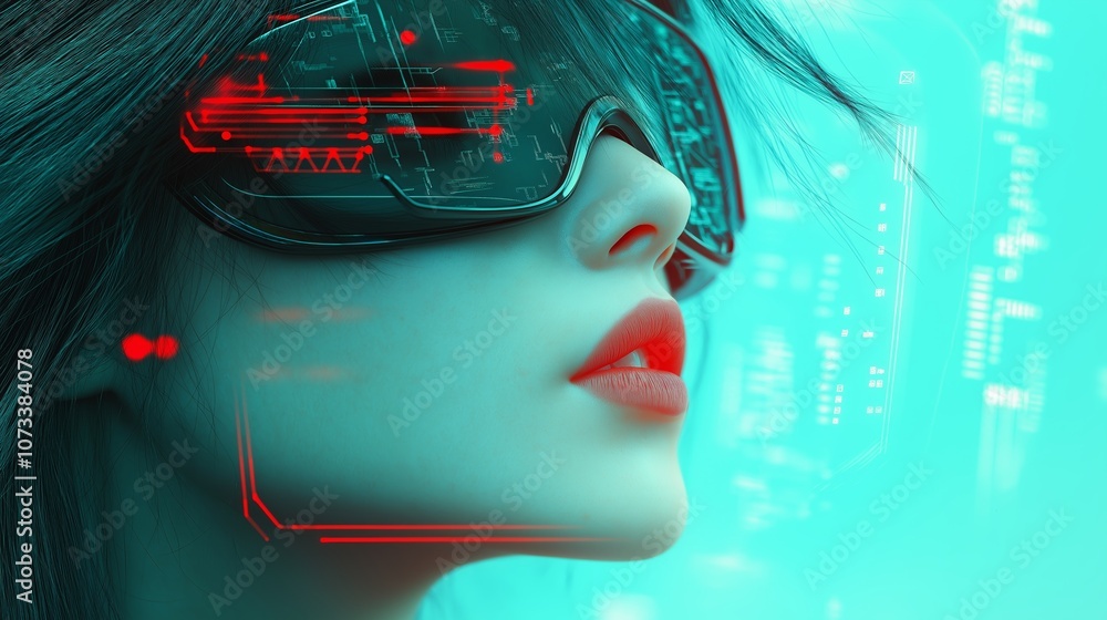 Girl in hi-tech VR glasses with elements of artificial intelligence. Background in a high-tech style. Shining lines resembling neural networks, connections, and digital circuits. Girl in hi-tech VR glasses with elements of artificial intelligence. Background in a high-tech style. Shining lines resembling neural networks, connections, and digital circuits.