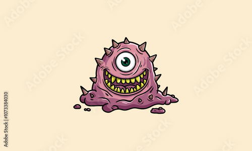 Slime monster with one eye and sharp spikes, creepy smile.