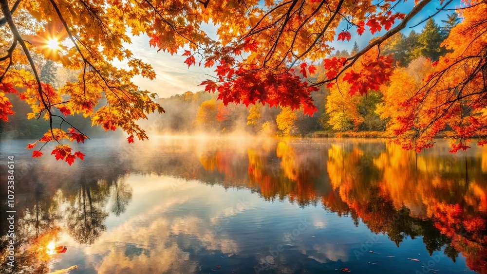 Autumnal Reflections A Misty Lake Surrounded by Vibrant Foliage, Capturing the Essence of a Serene Fall Morning Autumnal Reflections A Misty Lake Surrounded by Vibrant Foliage, Capturing the Essence of a Serene Fall Morning