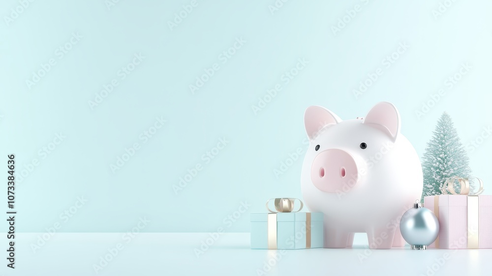 A pig is standing in front of a Christmas tree and presents