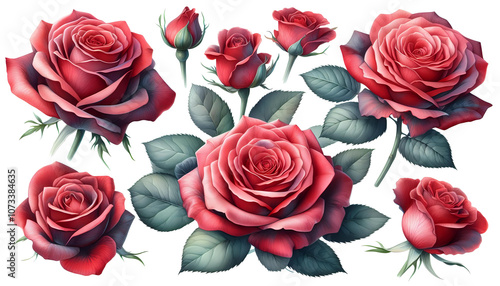 Fototapeta Naklejka Na Ścianę i Meble -  Collection of Red Roses in Various Stages of Bloom on Transparent background