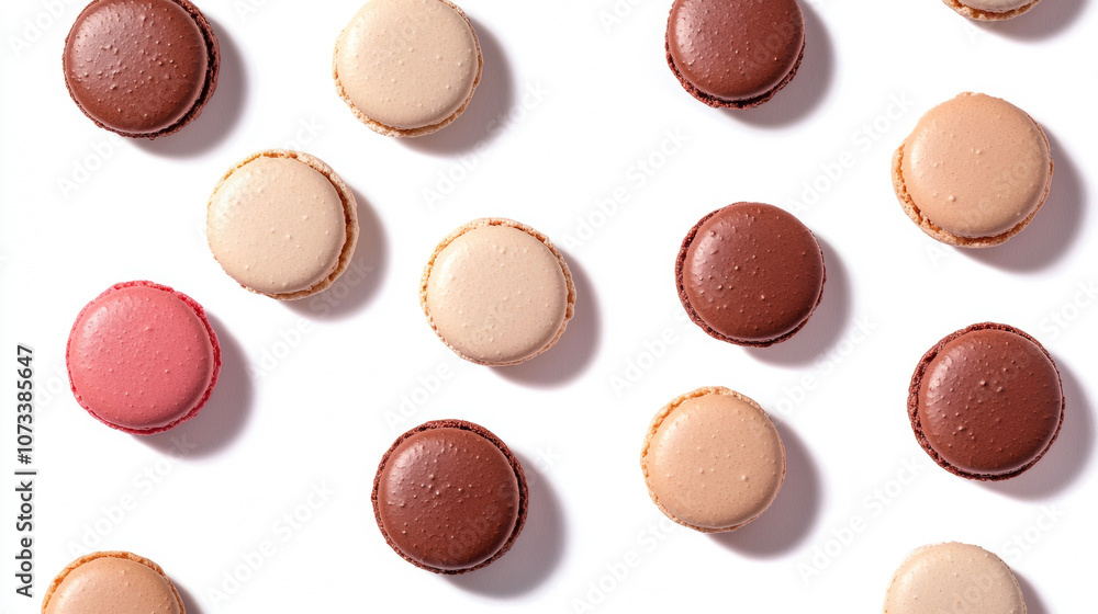 3D colorful rainbow macarons pattern delicious fresh french dessert background for food bakery advertising in different angles