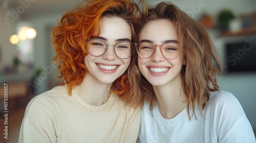 Two friends share joyful smiles in a warm and lively environment together photo