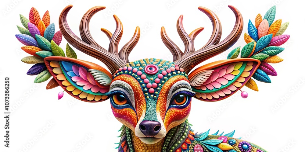 Naklejka premium A vibrant deer sculpture adorned with intricate floral patterns and a captivating gaze, evoking a sense of whimsical wonder and captivating artistry.