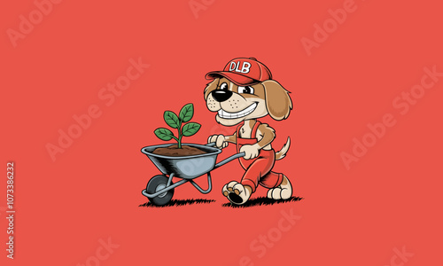 Gardener dog with wheelbarrow, thumbs up, planting sapling.