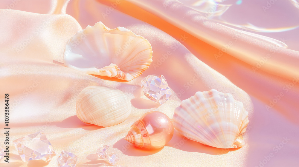 3D pearls seashells conches and diamonds scatter on beach peach pink silk fabric glossy shiny background with copy space. fashion romantic jewellery holographic elegant luxury wallpaper 3D pearls seashells conches and diamonds scatter on beach peach pink silk fabric glossy shiny background with copy space. fashion romantic jewellery holographic elegant luxury wallpaper